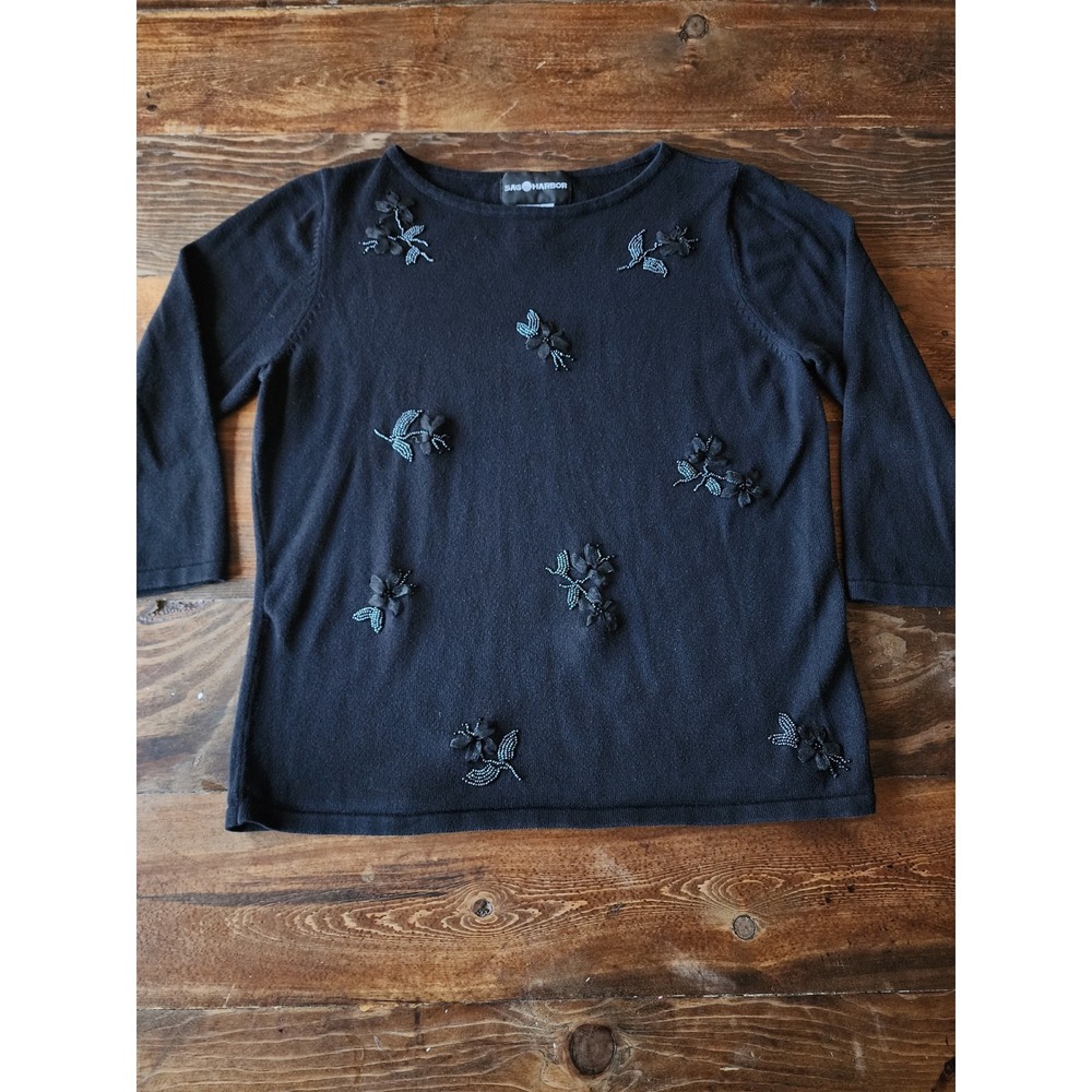 Sage‎ Harbor Black Embellished Floral Beaded Sweater Knit Top Womens Small
